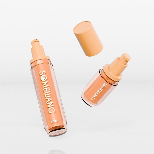 Two orange SOMEWANG bottles, one capped and one uncapped, against a white background, show off high-end cosmetic lotion packaging.