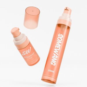 Two peach spray bottles with PP airless tech, labeled "Sonewang" 50ml and "SW Matte Finish" 15ml, ideal for wholesale. Caps off.