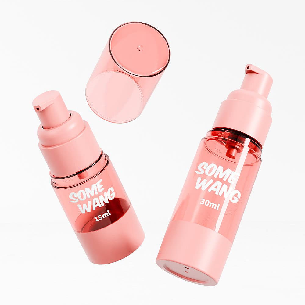 A pair of 15ml and 30ml pink airless pump bottles with open caps on a white background epitomizes luxury personal care.