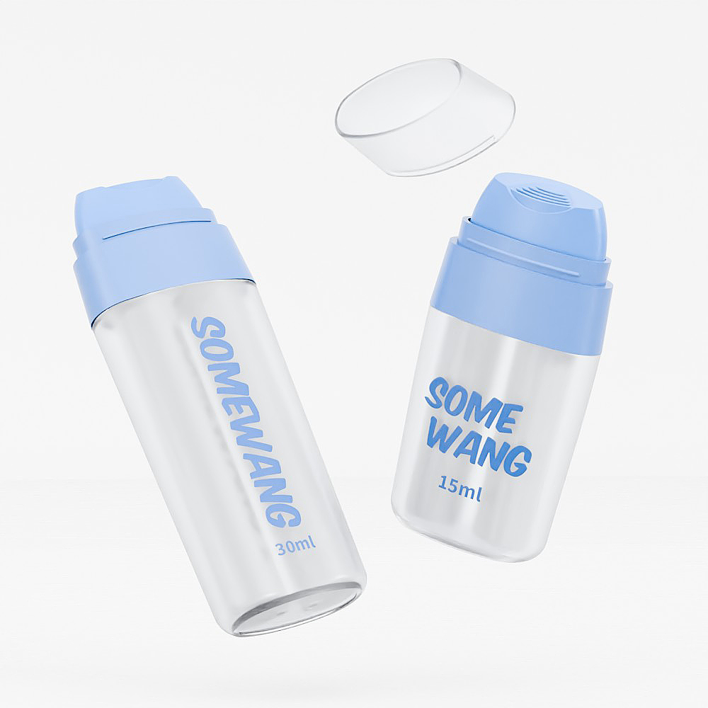 Two transparent "SOMEWANG" bottles (30ml & 15ml) with blue caps. The smaller airless pump is ideal for eye cream. Essential for skincare.