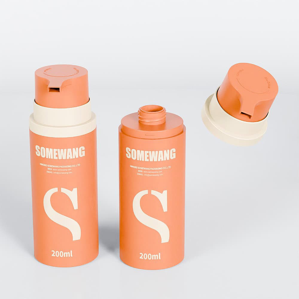 Two 200ml orange and white airless bottles by "SOMEWANG"; one is open with its cap floating above.