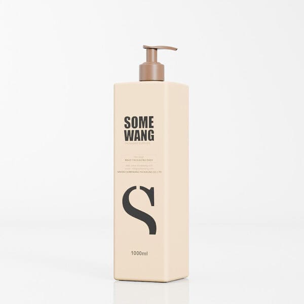 Eine beige 1000ml-Pumpflasche aus PE mit der Aufschrift „Some Wang“ ist ein hochwertiger rechteckiger Shampoobehälter zur Hautpflege.