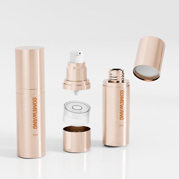 The gold-toned "SOMEWANG" Luxury Airless Pump Bottle offers an opulent touch with assembled and disassembled options for beauty lovers.