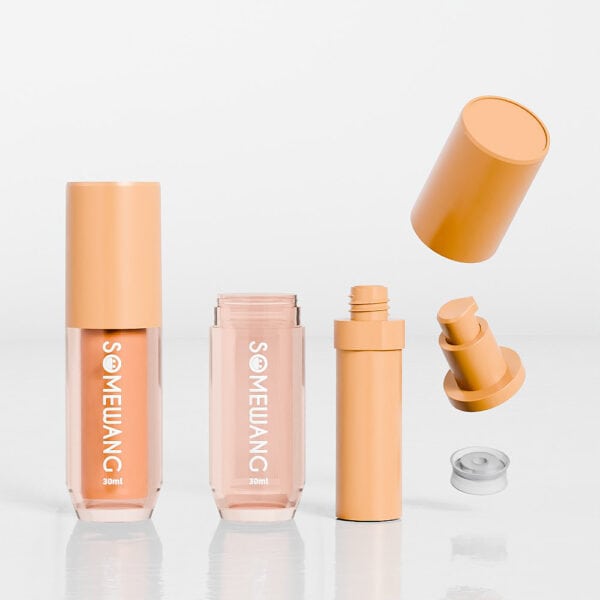 Three beige round lotion bottles (200ml, 300ml, 1000ml) with caps on a white surface. One cap and pump lie separately, enhancing elegance.