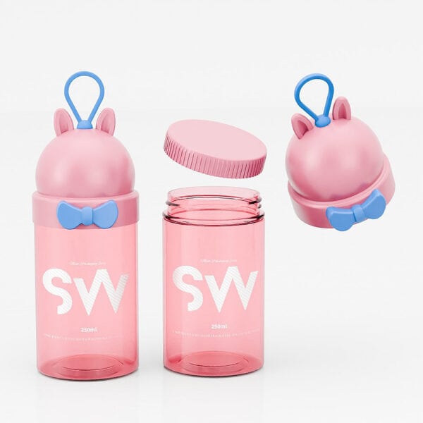 The set includes two 250ml PET candy jars with cute animal-shaped lids featuring playful ears and bows, adding a whimsical touch.