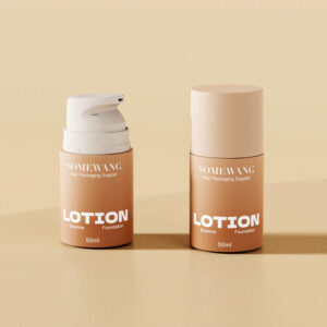 Two 50ml beige "Luxury Personal Care" bottles sit on a matching surface: one with an airless pump for sustainable luxury, one capped.