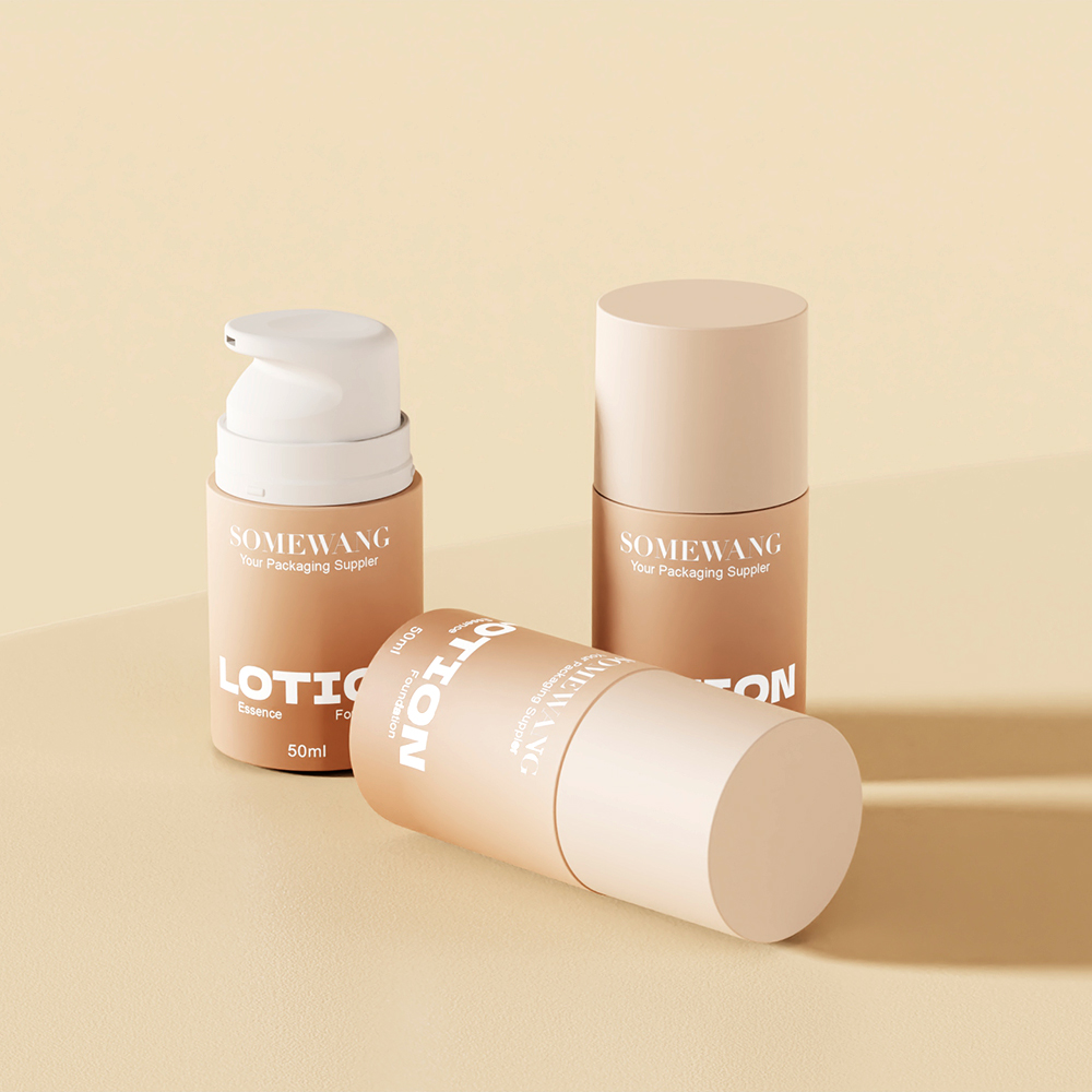 Three beige luxury skincare bottles are elegantly arranged on a light surface, embodying sophisticated personal care.