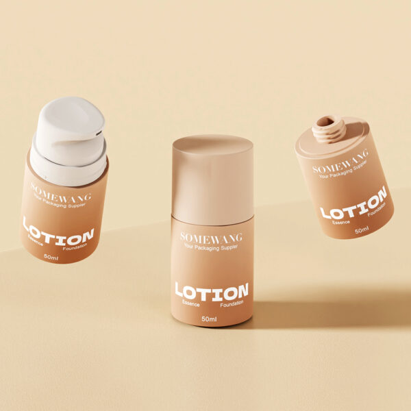 Three beige 50ml airless pump bottles, labeled "Luxury Personal Care," are elegantly displayed on a matching background.