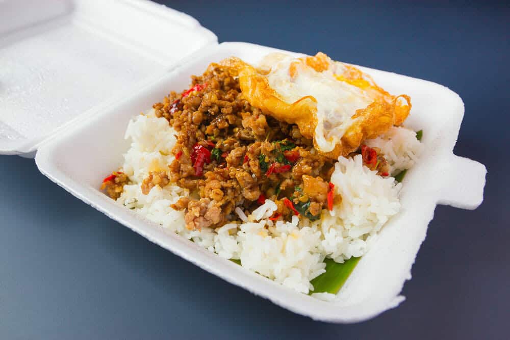 Basil Fried Rice on the styrofoam takeout box