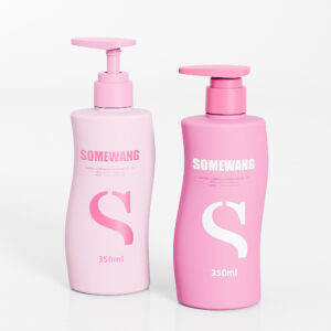 Two pink 350ml HDPE 'S' shape pump bottles rest on a white background.