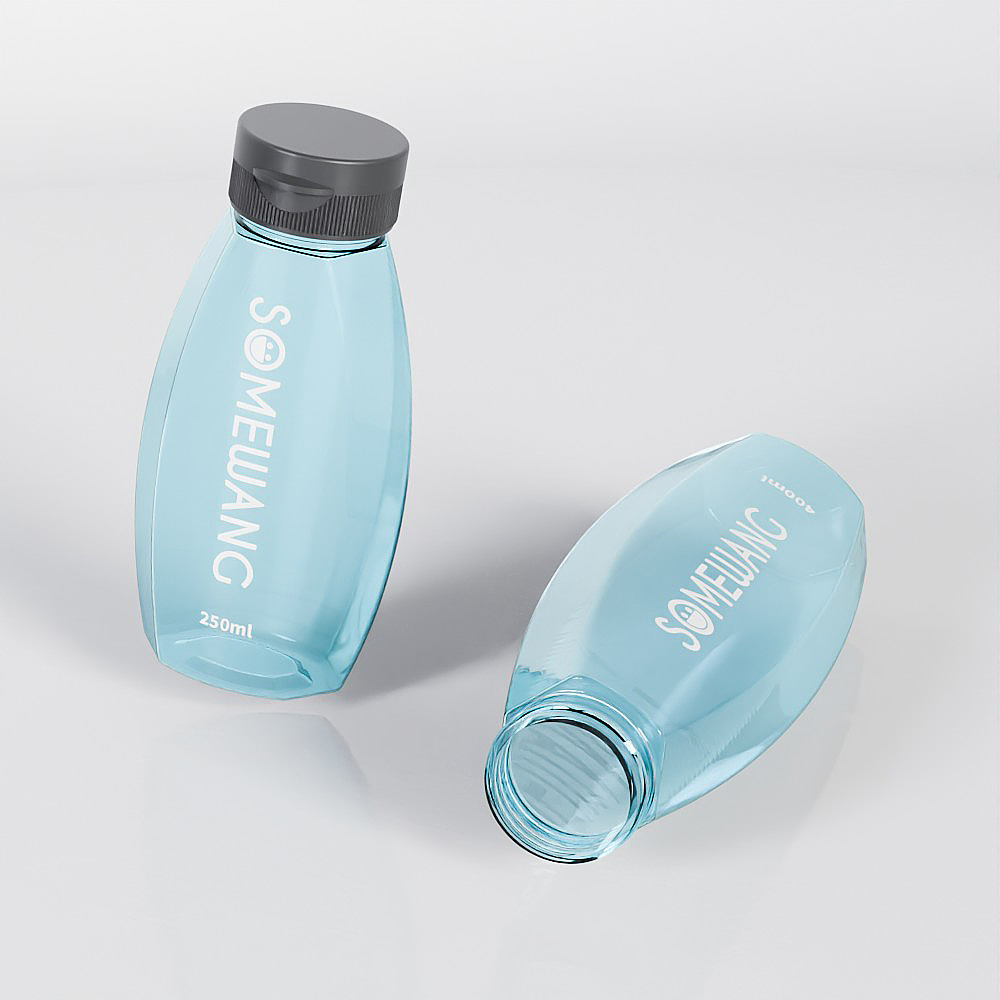 Due bottiglie PET Somewang Foam blu da 250 ml con tappi neri: una in posizione verticale e una in posizione orizzontale, che mettono in risalto l'elegante confezione.