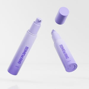 Dos botellas de color morado etiquetadas como "SOMEWANG", volúmenes de 50 ml y 30 ml, perfectas para necesidades de venta al por mayor o personalizadas con bombas sin aire de calidad.