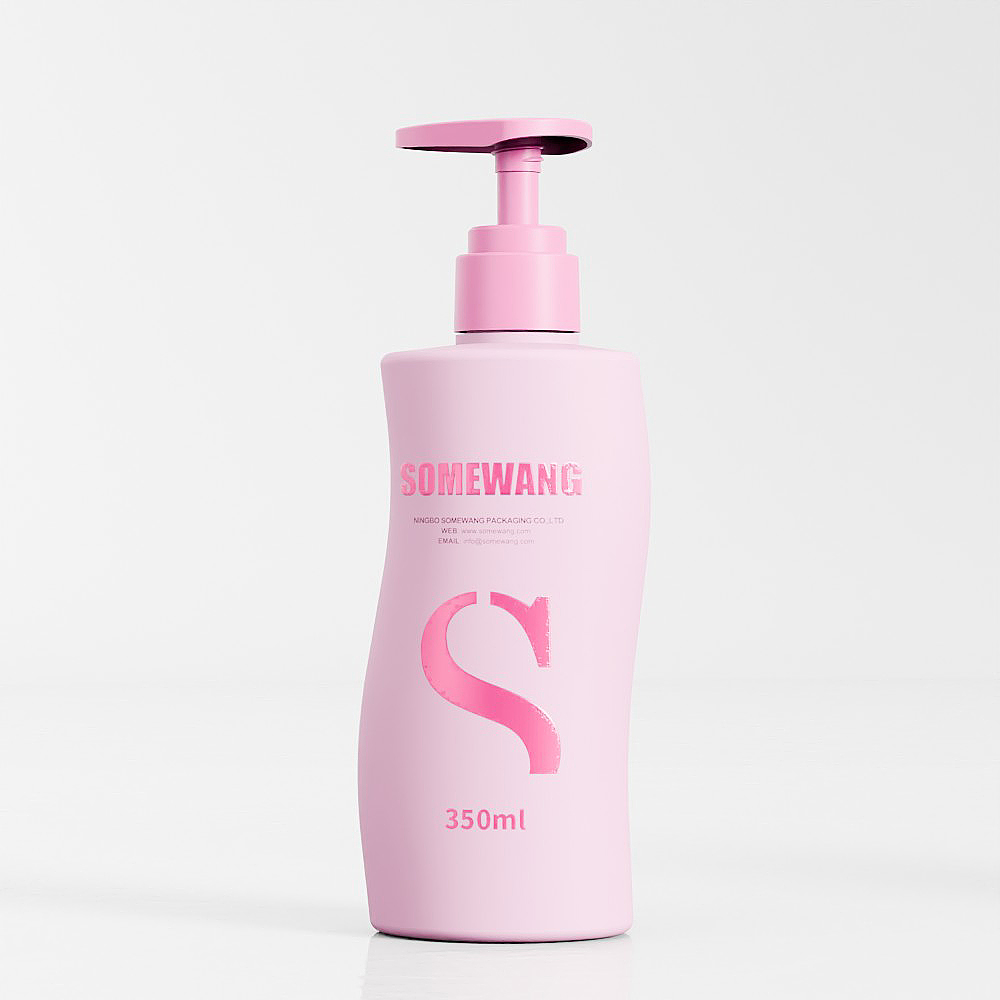 A pink HDPE "S" bottle labeled "SOMEWANG," with a rotary pump and 350ml capacity, set against a white background.