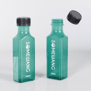 Dos botellas PET transparentes "Portátiles de 350 ml": una con tapa y otra abierta. Ideales para envasar cosméticos de forma elegante y práctica.