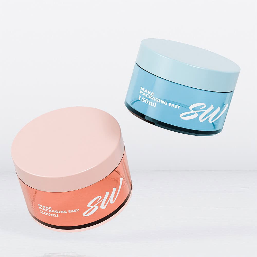 Twee cilindrische cosmetische containers, roze (200 ml) en blauw (150 ml), met de opdruk "Make Packaging Easy" en "SW". Het ontwerp is vergelijkbaar met dat van de 200g PET-pot.