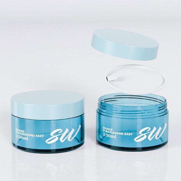 The image shows two blue 200g PET jars for creams; one lid is off, revealing "SW" and "Make Packaging Easy 150ml" on the side.