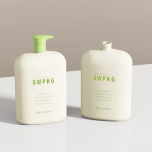 Two cream 1000ml HDPE flat bottles—one pump, one screw cap—labeled "SWPKG." Ideal for wholesale.
