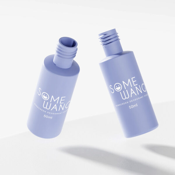 Two 50ml purple "Somewang" HDPE bottles float on white, ideal for businesses seeking wholesale solutions.