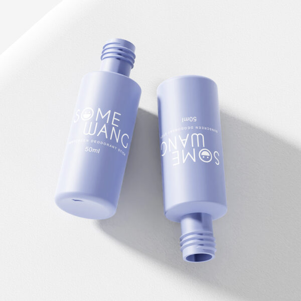 Two lavender 50ml HDPE deodorant bottles titled "Wholesale 50ml Customized HDPE Plastic Cylinder Bottle" rest on a light surface.