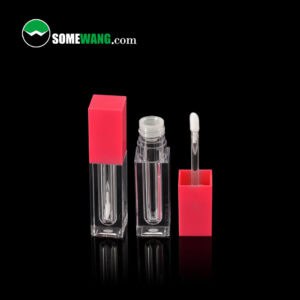 Transparent lip gloss tube with brush and white applicator wand on black background. Branded "SOMEWANG.com" at the top left corner.