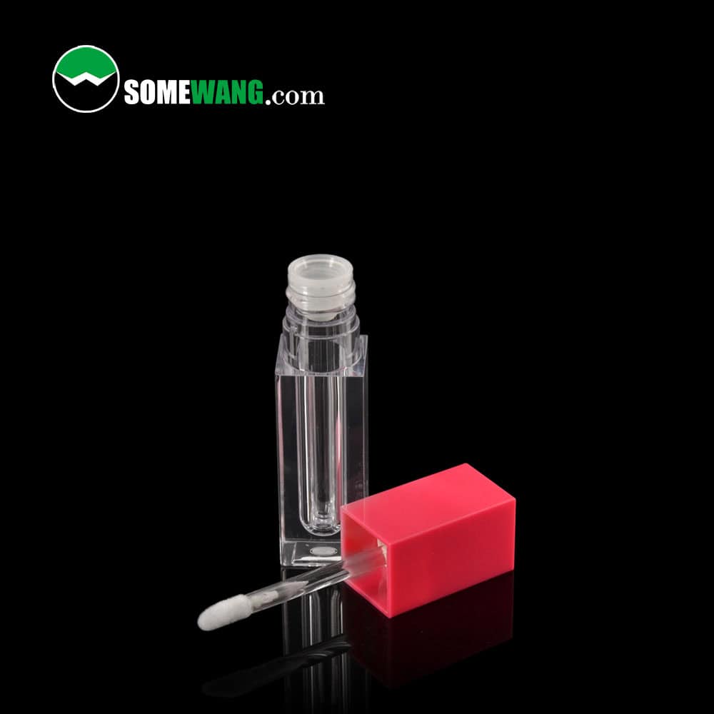 Transparent lip gloss tube with red cap and wand, upright on black background. "somewang.com" in top left.