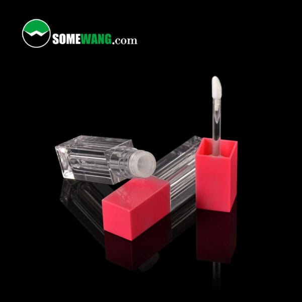 A transparent lip gloss tube with a pink cap and brush is shown on a black surface. "Somewang.com" with a green logo is in the top left corner.