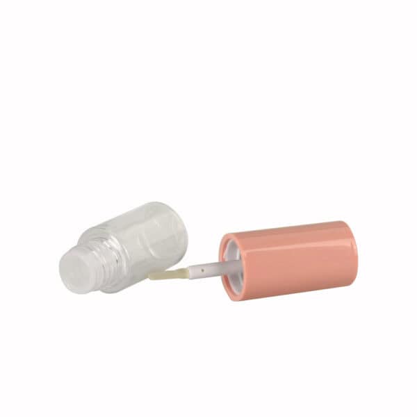 A small, clear bottle with a peach cap and white brush applicator, perfect for 4.5ml lip gloss tubes for cosmetic packaging.