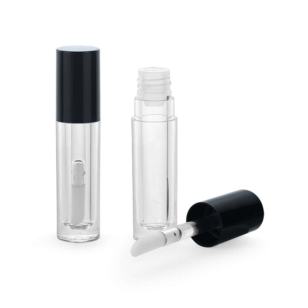 Set of 3 elegant Cylinder Lip Gloss Tubes with black caps; one open to show the applicator—perfect for cosmetics enthusiasts.