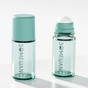 Two 50ml "SOMEWANG" glass roll-ons, one capped and one with a rollerball, stand side by side in elegant green, enhancing any setting.