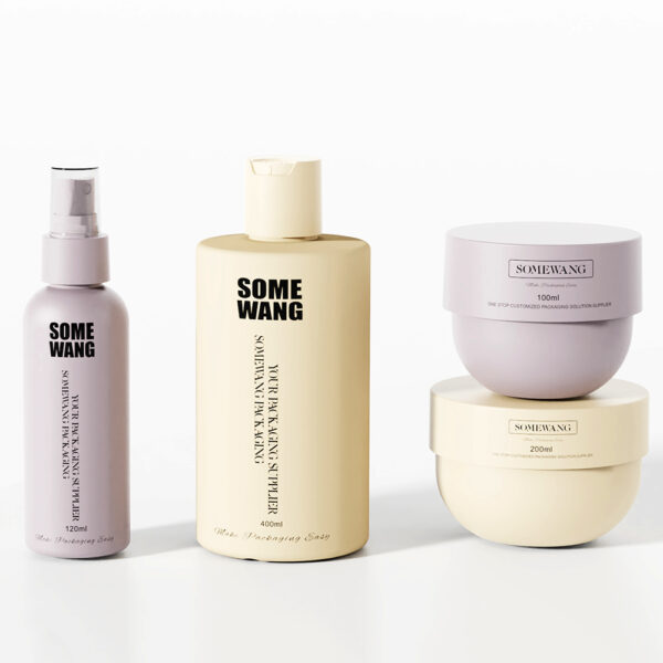 SOMEWANG" skincare set includes spray, lotion, and cream in customizable HDPE reusable bottles, elegantly displayed.