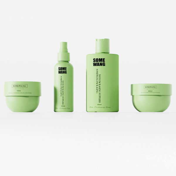 Four green skincare items in "SOMEWANG" jars and bottles, including a 400ml HDPE shampoo bottle, are on a white background.