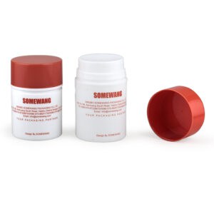 Se muestran dos frascos de suero sin aire de PP de 35 ml con tapas rojas. Una de las tapas está quitada, lo que revela un mecanismo giratorio. Etiquetado "SOMEWANG".