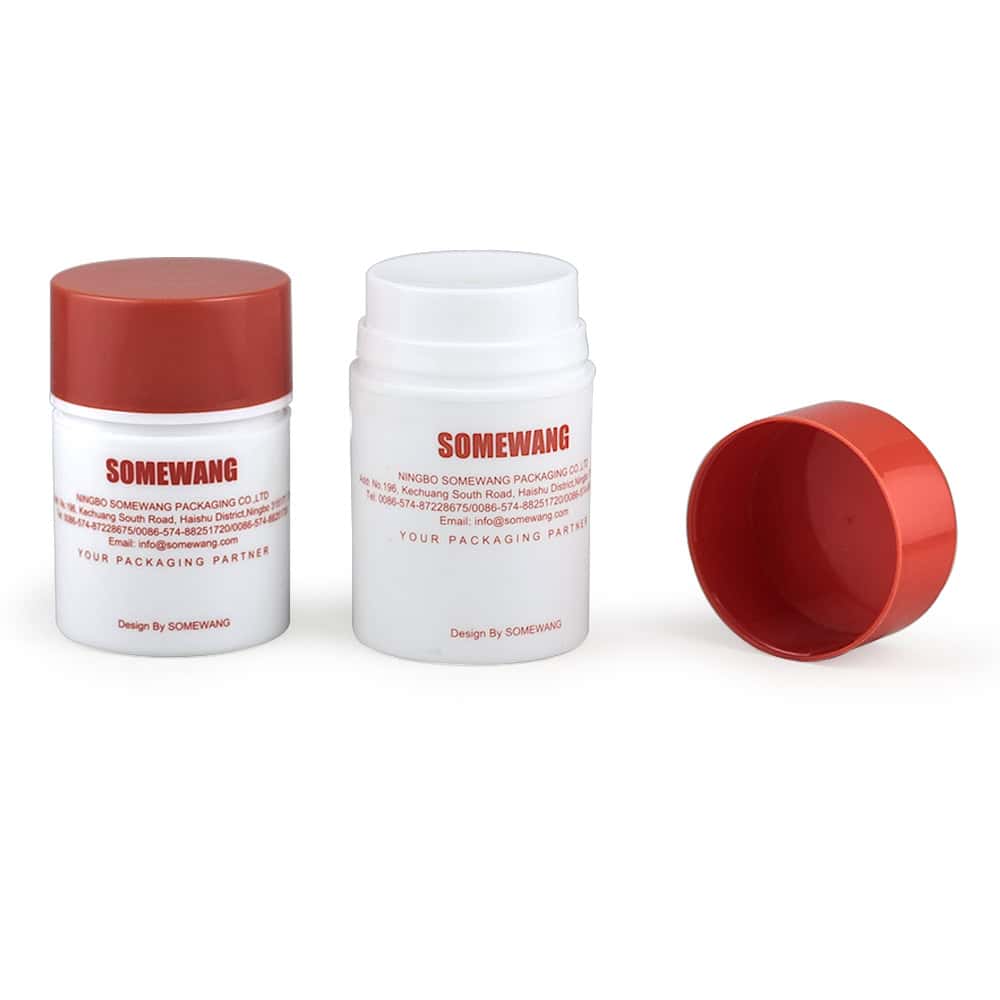 Two 35ml PP airless serum bottles are shown with red lids. One lid is off, revealing a twist-up mechanism. Labeled "SOMEWANG.