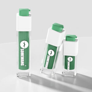 Three sleek "SOMEHWANG" spray bottles with green caps stand on a white surface, resembling 15ml, 30ml, and 50ml vacuum bottles.