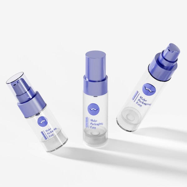 AS airless-flessen van 15 ml, 30 ml en 50 ml met blauwe doppen/etiketten staan rechtop op een wit oppervlak.