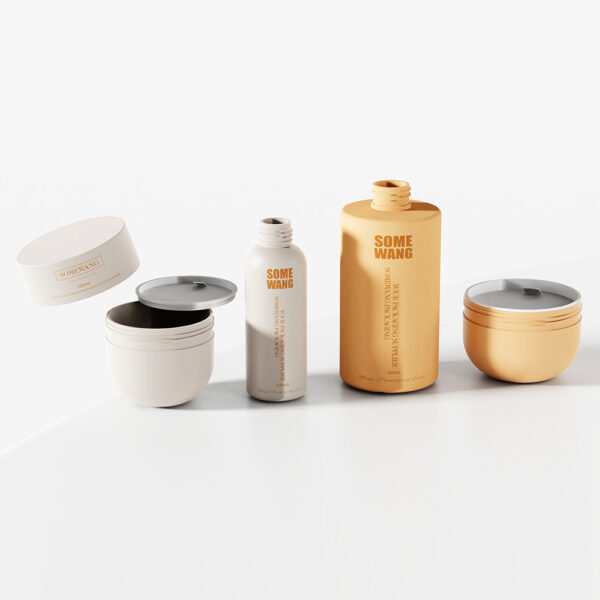 Neutral and gold tone 400ml reusable HDPE shampoo bottles by SOMEWANG on a white surface.