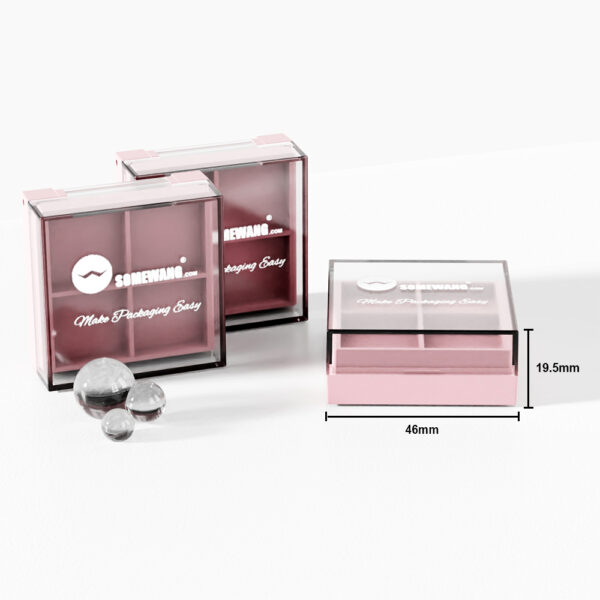 Se muestran tres paletas de sombras de ojos de color rosa transparente con tres piedras de vidrio cada una; una está etiquetada como 46 mm x 19,5 mm.