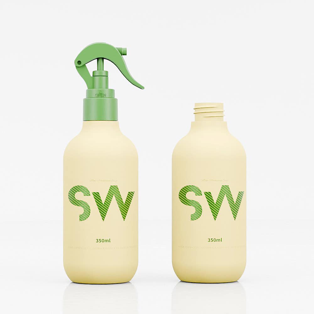 Two beige "SW" bottles: one with a green pump, the other is a 350ML PE sprayer with a standard cap.