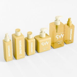 Six beige skincare bottles, including 480ml PET square lotion pump bottles, are aligned in a row on a white background.