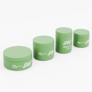 Four green PET jars (30ml, 50ml, 100ml, 150ml) labeled "SW" and "MAKE SOMEONE SMILE." Ideal for fresh skincare.