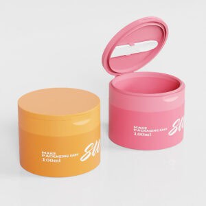 Two 100ml jars with flip caps: a closed orange and an open pink, labeled "MAKE PACKAGING EASY.