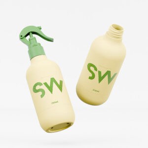 Dua botol kuning dengan "SW" hijau, satu pam dan satu reka bentuk terbuka, dipasangkan dengan sempurna dengan Botol Penyembur Pencetus PE 28/410 350ML.