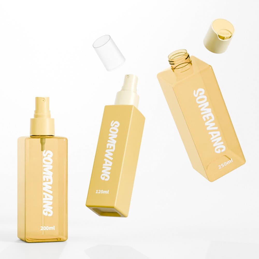 Tiga botol pam losyen PET "SOMEWANG" kuning (200ml, 120ml, 250ml) dengan penutup tutup digayakan pada latar belakang putih.