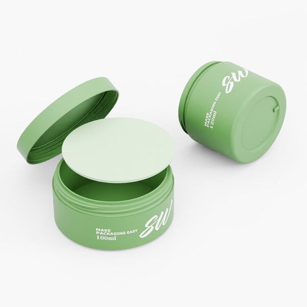 Two green cylindrical 100ml plastic jars from SOMEWANG, one open with lid and seal visible, featuring white lettering. Suitable for skincare lotion.