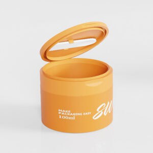 Un recipiente circular naranja abierto con tapa abatible resalta su diseño personalizado para frascos de crema de 100 ml. Texto: "FACILITE EL ENVASADO 100 ml SW.