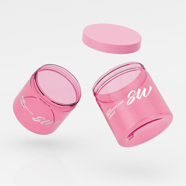 Two pink PET plastic amber skincare jars with white text are shown; one jar's lid is floating above.