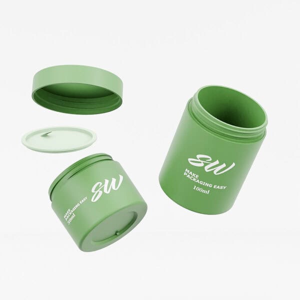 Green cylindrical "SOMEWANG 100ml" plastic jars on white, perfect for lotion or skincare storage.