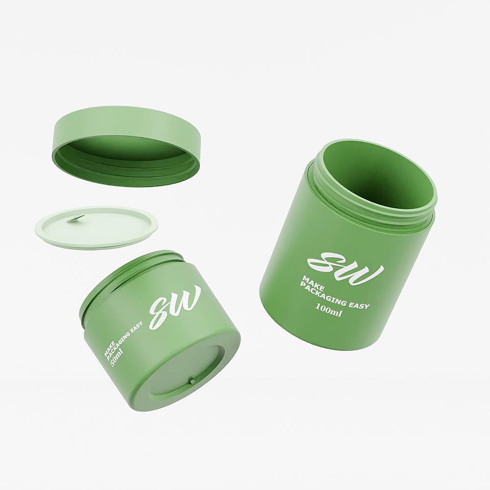 Green cylindrical "SOMEWANG 100ml" plastic jars on white, perfect for lotion or skincare storage.