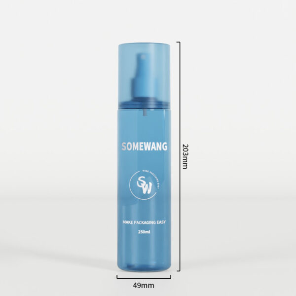 Niebieska butelka PET z pompką „Somewang” o pojemności 250 ml (203 mm x 49 mm), idealna do pielęgnacji ciała, na jednolitym tle.