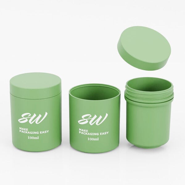 Three 100ml SOMEWANG plastic jars for skincare: one sealed, one open, and one with a lid floating above. "SW Make Packaging Easy".